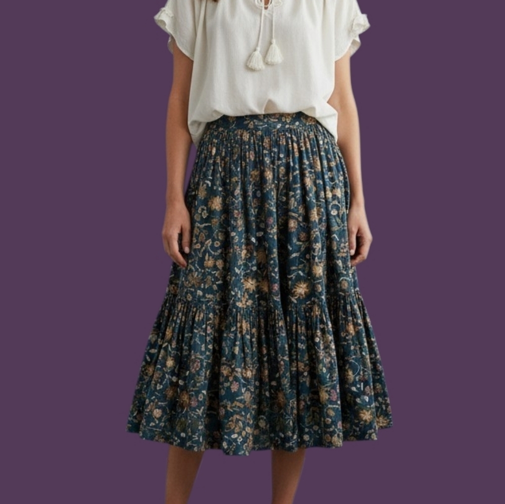 Vtg 1990s Floral Three Tiered Peasant Gypsy Tea Length Swing Festival Skirt